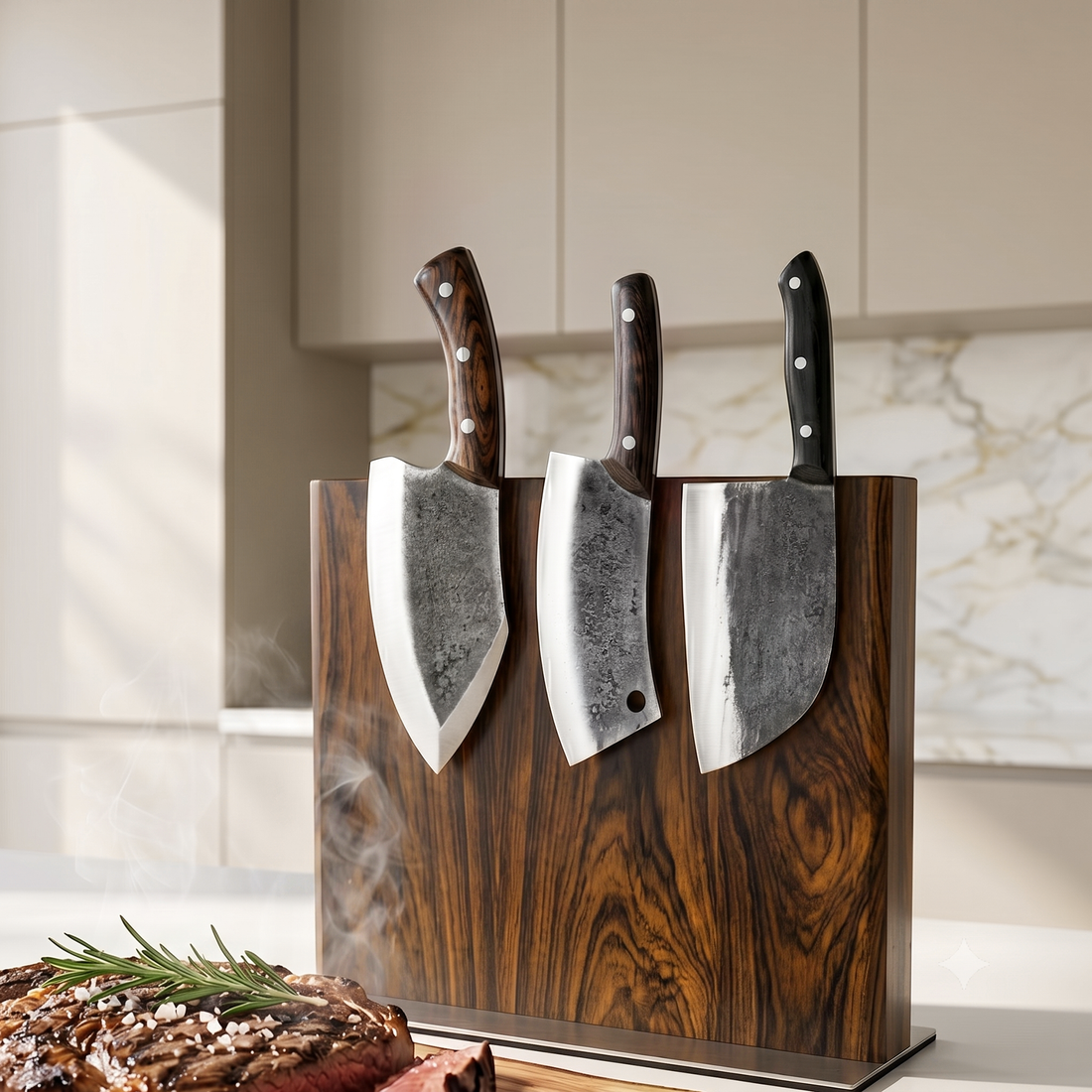 Butcher's Trio hand forged cleavers pictured on a rosewood stand, full tang handles