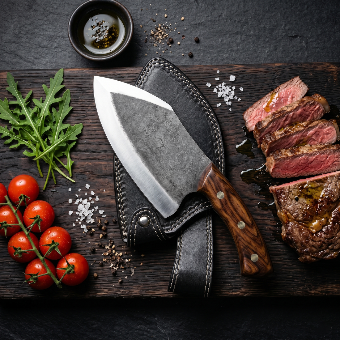 Kodiak hand forged butcher cleaver with rosewood handle and forge scale blade, close view