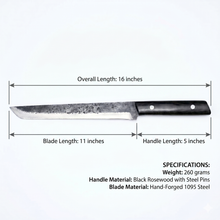 Mamba hand forged slicing knife with black handle and forge scale blade flats