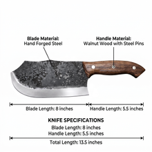 Rhino 8 inch cleaver shown with measurements, high carbon steel and walnut handle