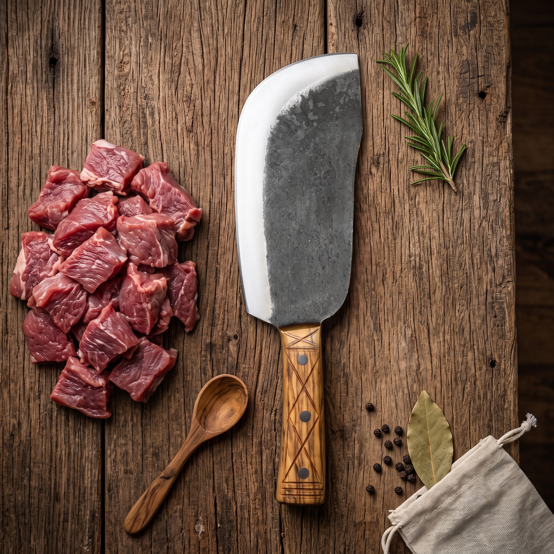 Grizzly meat cleaver with hand forged high carbon steel blade, side view