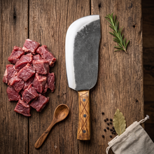 Grizzly meat cleaver with hand forged high carbon steel blade, side view