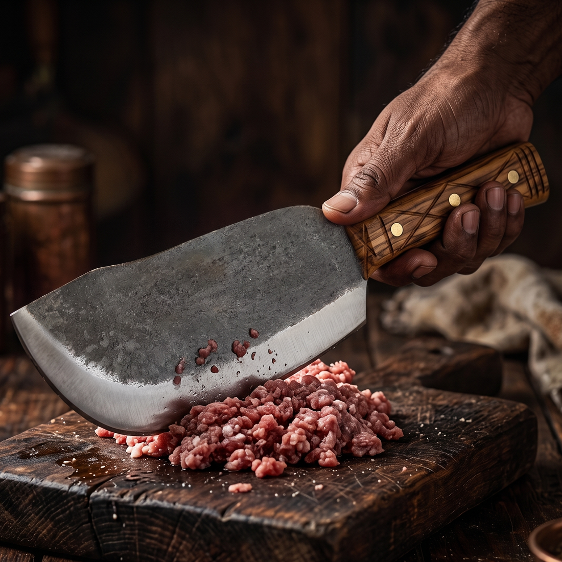 Grizzly 8.7 inch cleaver with olive wood handle, shown for mincing meat