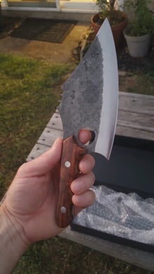 Mastodon 7.5" Hand Forged Cleaver Knife, Clip Point, Hammer Textured High Carbon Steel, Rosewood Handle