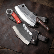 Warthog hand forged meat cleaver knife, angled view of the high carbon steel blade