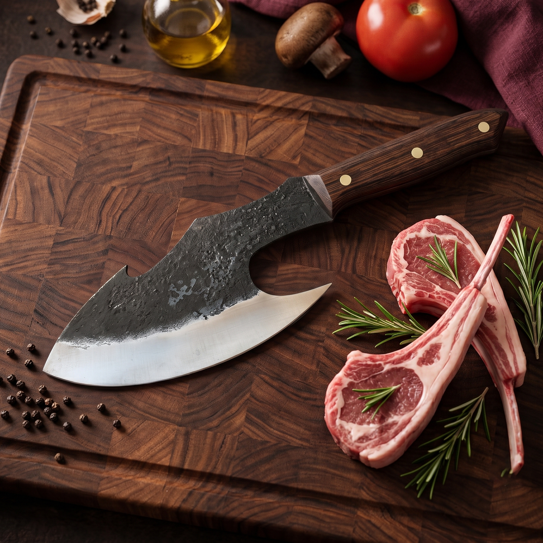 Megalodon Serbian style cleaver with finger hole, shown for rib and meat chopping