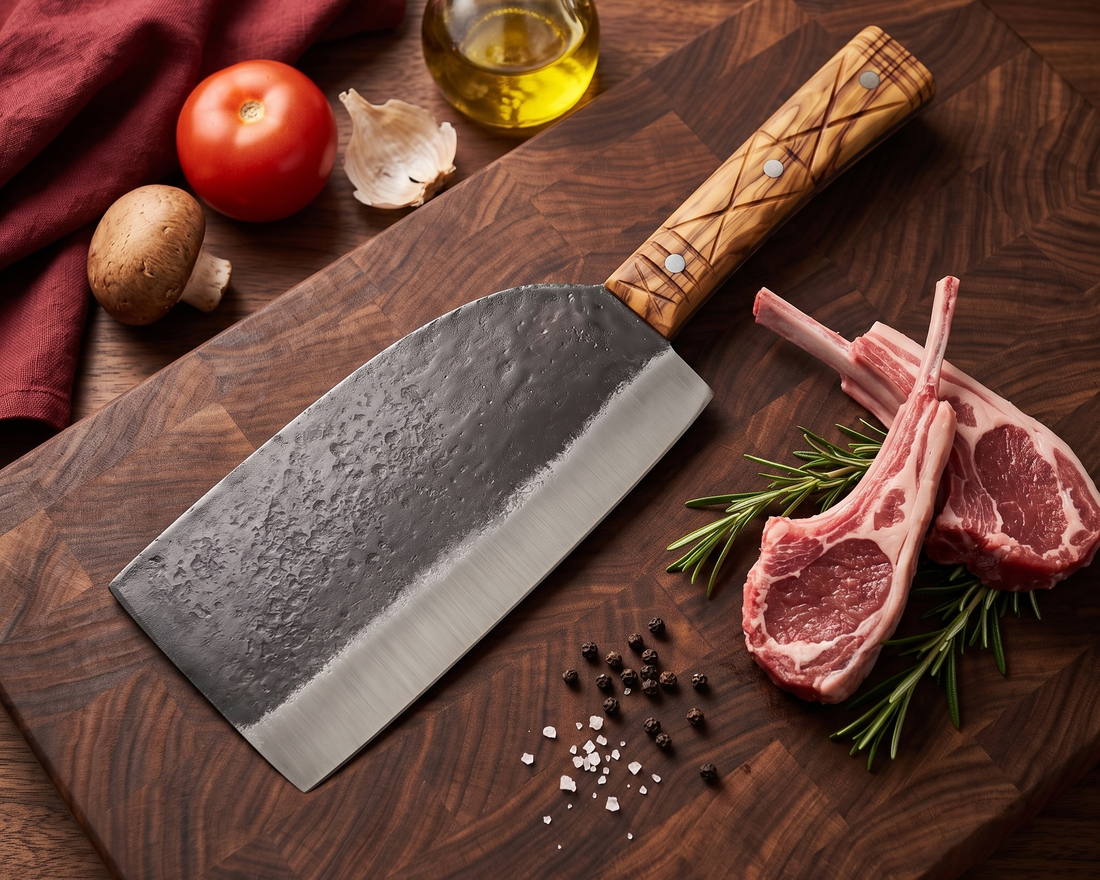 Mammoth 9.1 inch cleaver with olive wood handle, shown with ribeye for kitchen use