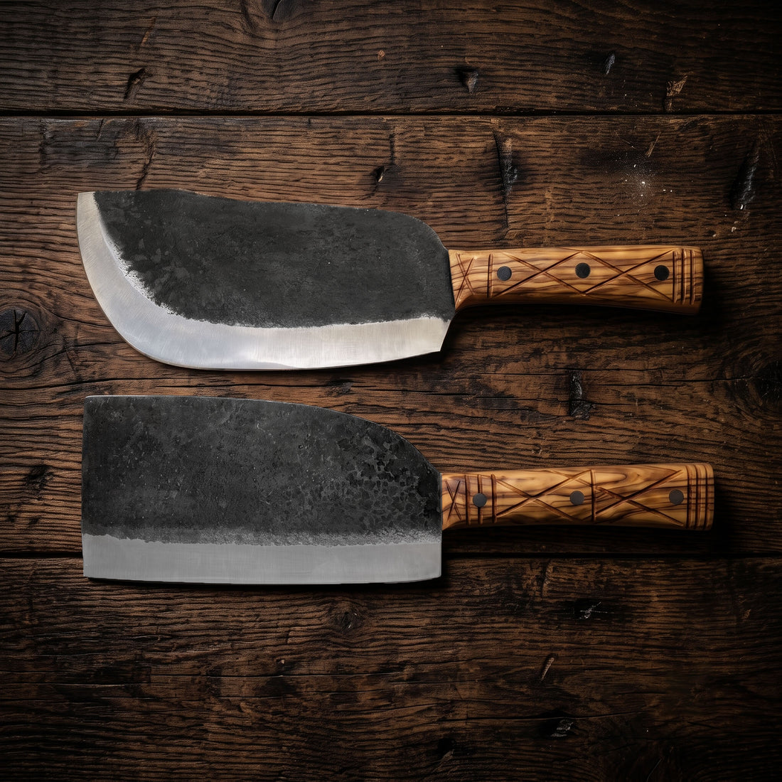 Mammoth hand forged butcher cleaver shown in a group of cleavers for boning