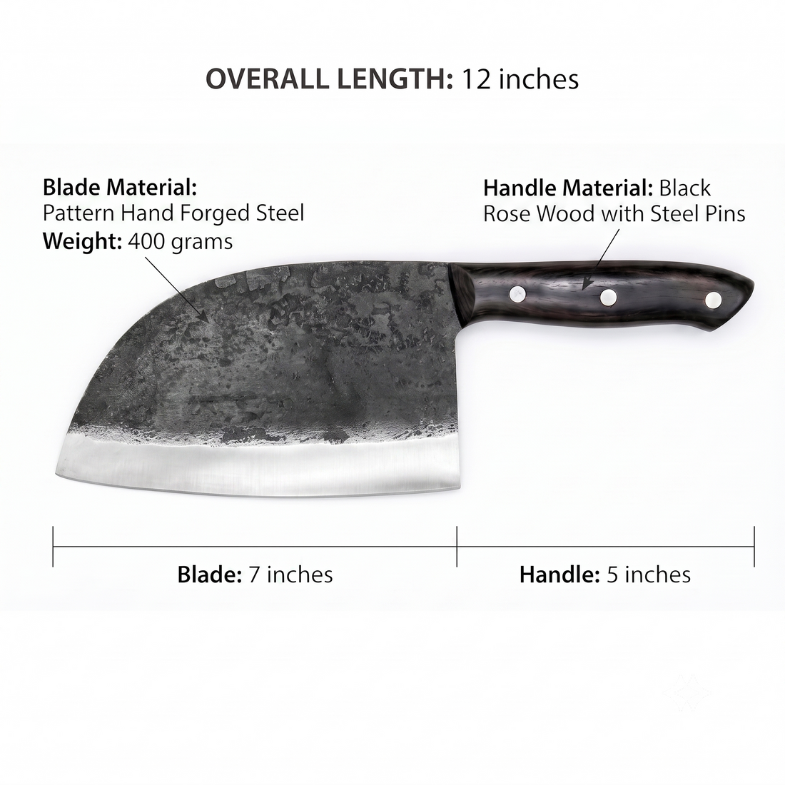 Aurochs 6 inch hand forged cleaver with its measurements shown on the image