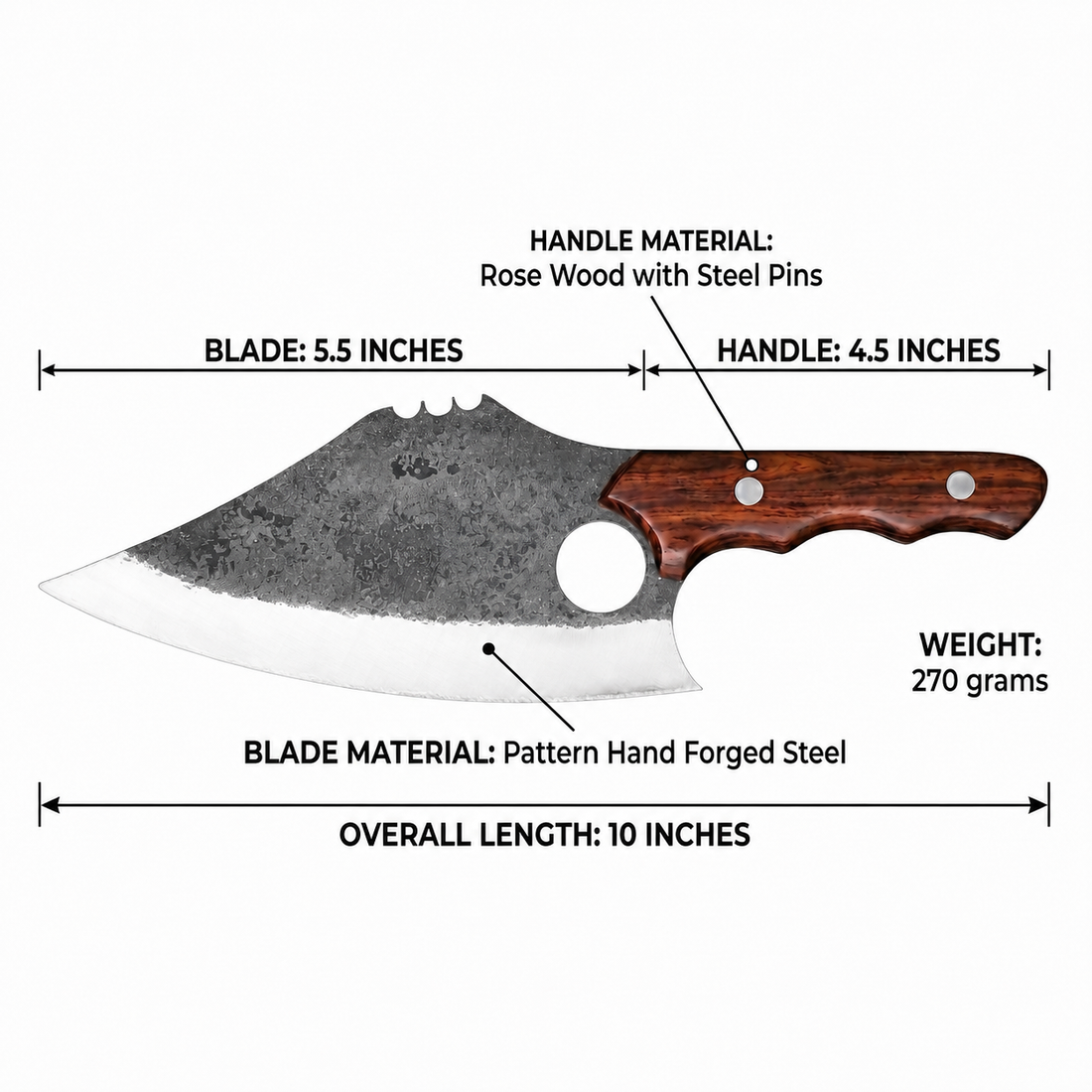 Mastodon hand forged cleaver knife with rosewood handle and hammer textured high carbon blade