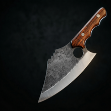 Mastodon 7.5 inch hand forged cleaver knife beside a cut steak, clip point blade