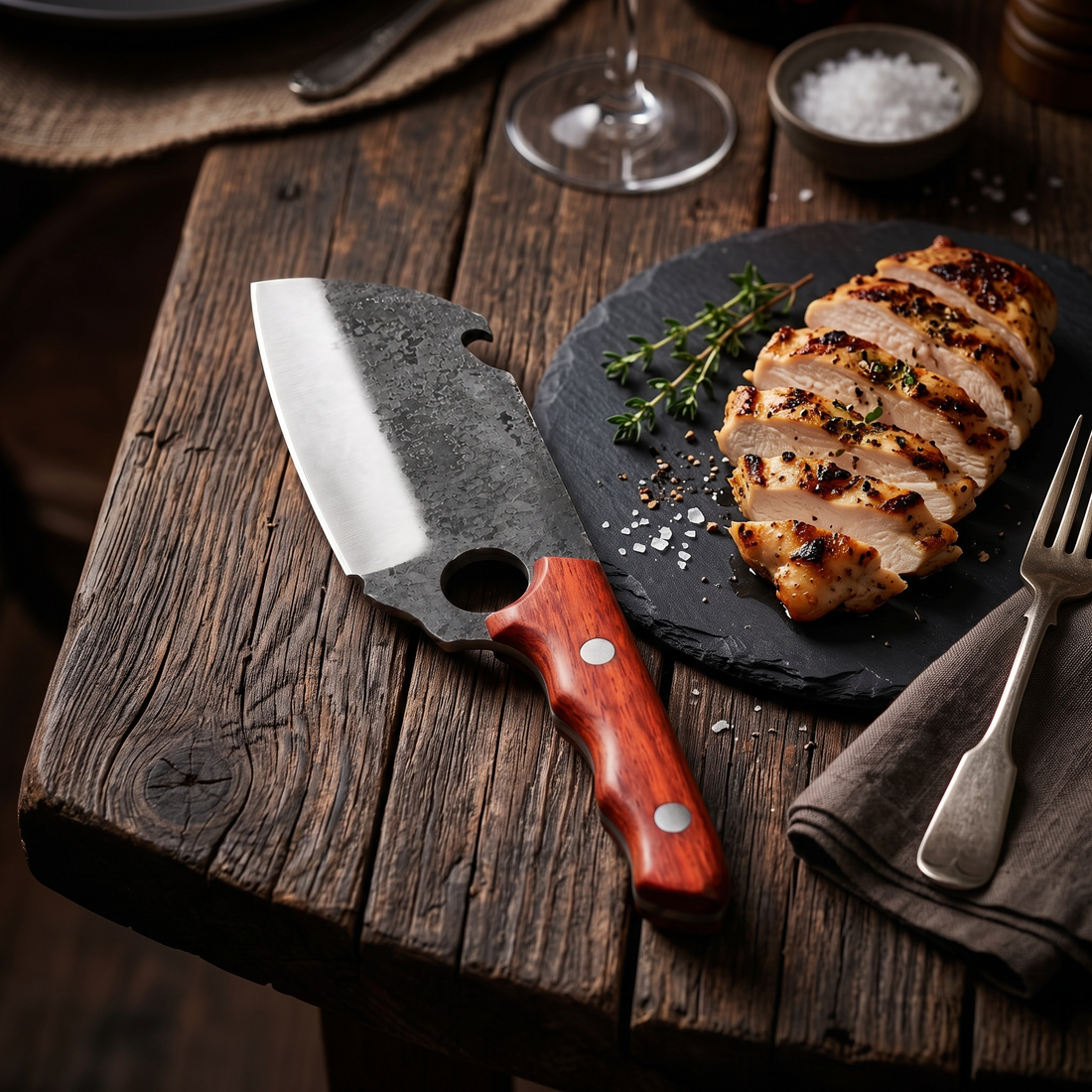 Hand forged clip point cleaver with red Padauk handle next to a cut steak