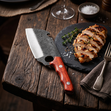 Hand forged clip point cleaver with red Padauk handle next to a cut steak