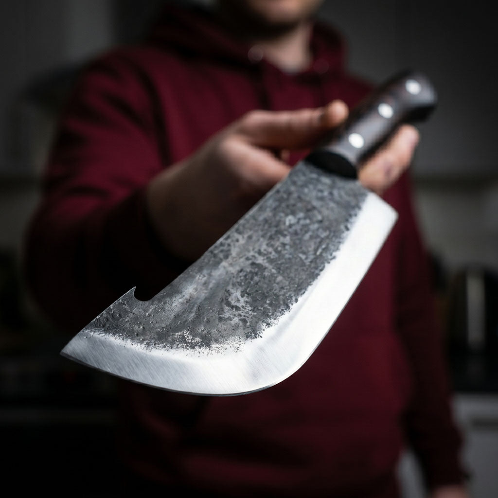 Kraken 8 inch hand forged cleaver shown with steak, hammer textured high carbon steel