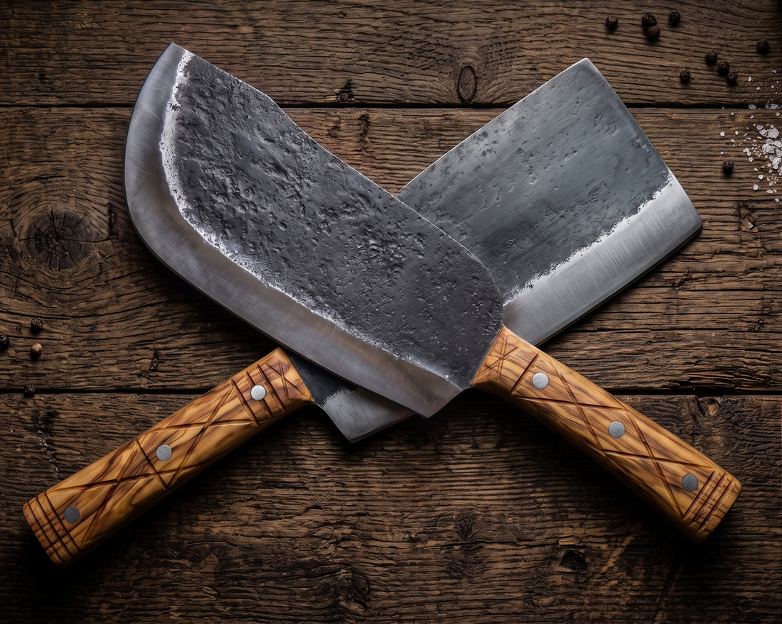 Grizzly hand forged cleaver shown with a second large cleaver for chopping